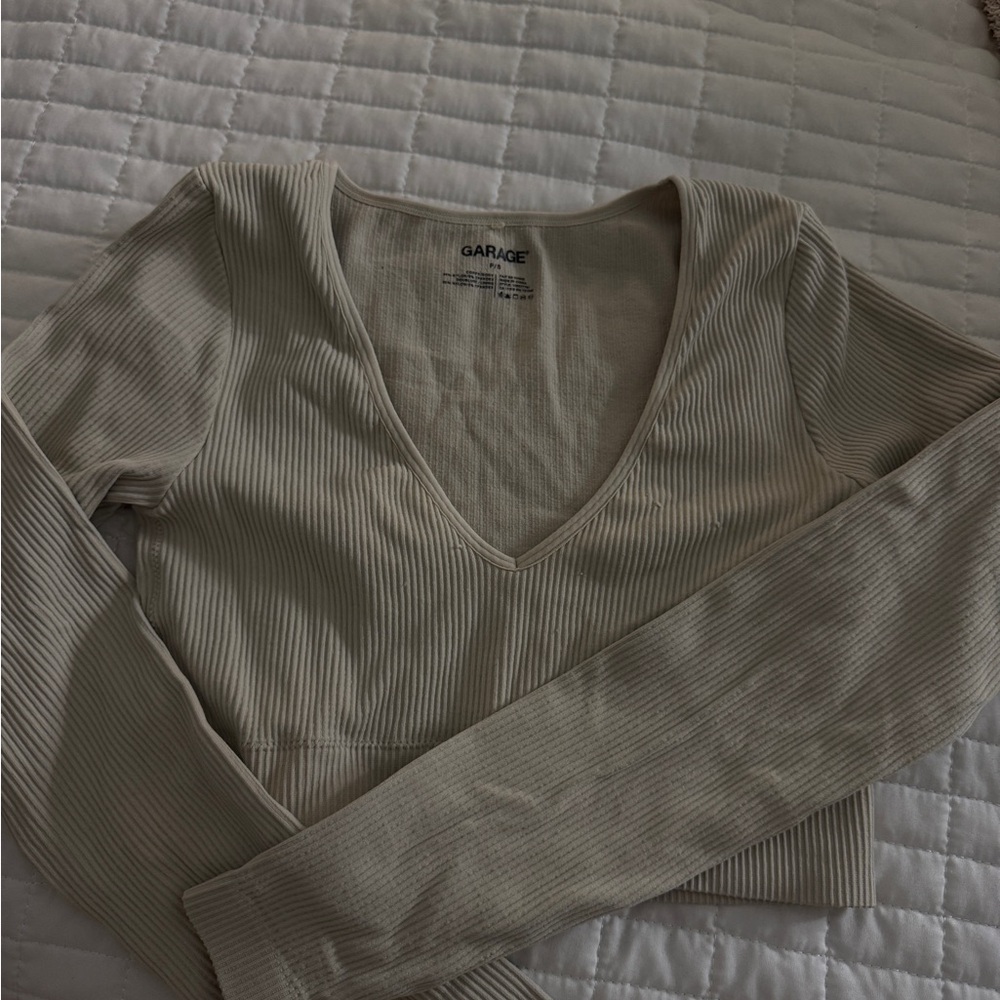 Garage Ribbed V-Neck Long Sleeve Top - Cream